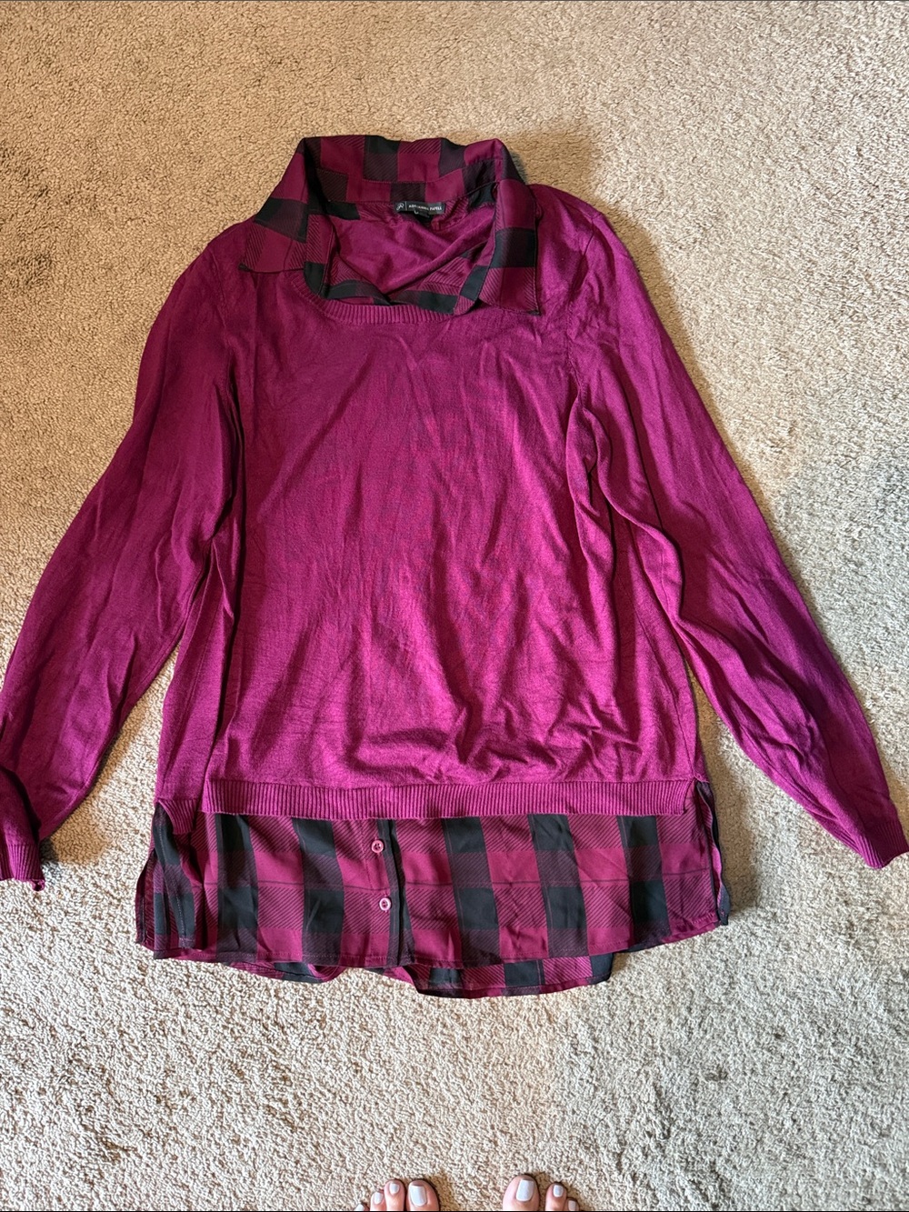 Adrianna Papell Fuchsia and Black Plaid Layered Look Sweater